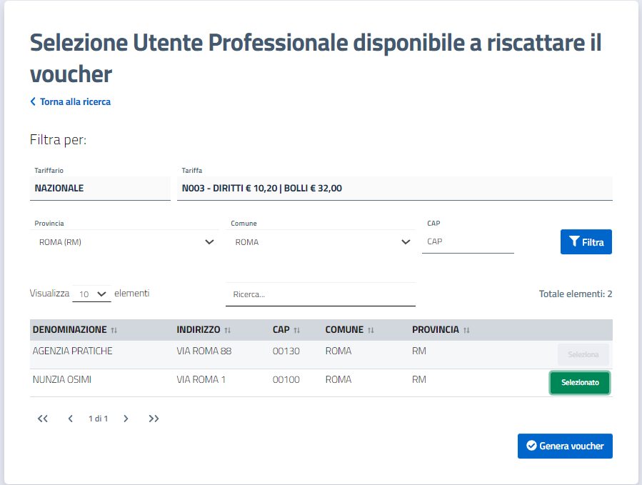 Selezione utente professionale disponibile a riscattare il voucher
